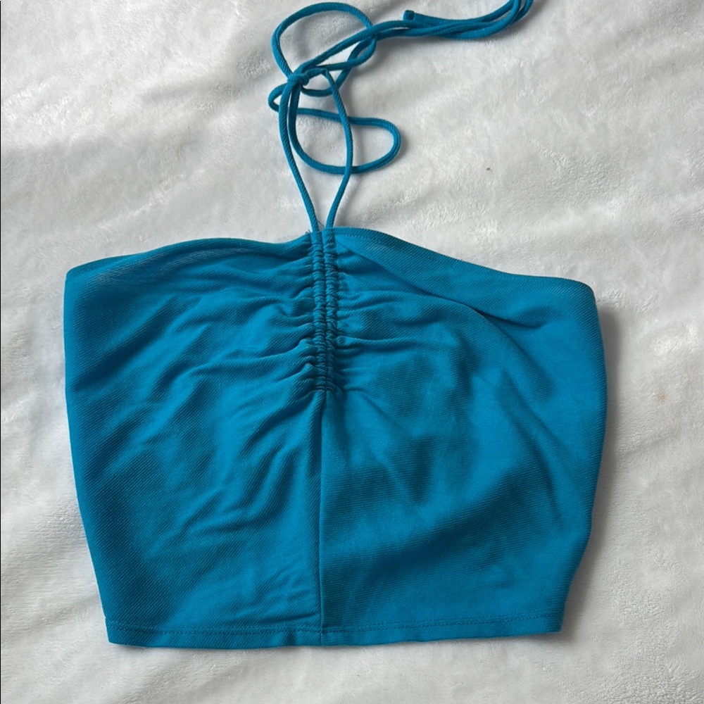 Zara Blue Ruched Tie Front Bustier Tank Top